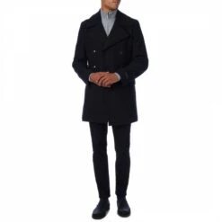 Black Elmo Double Breasted Wool Blend Coat