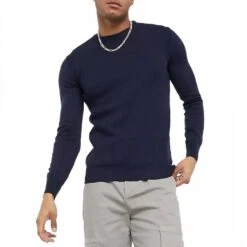 Navy Waffle Crew Neck Jumper