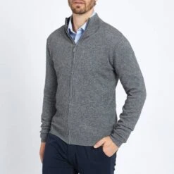 Grey Full Zip Contrast Collar Cashmere Jumper