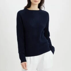 Navy Crew Neck Ribbed Cashmere Jumper