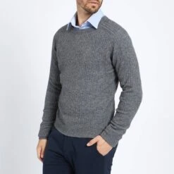 Grey Crew Neck Ribbed Cashmere Jumper