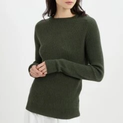 Khaki Crew Neck Ribbed Cashmere Jumper