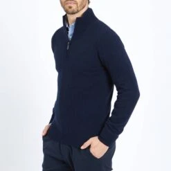 Navy Half Zip Contrast Collar Cashmere Jumper