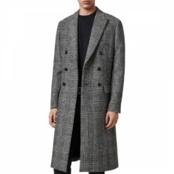 AllSaints Black Danson Check Wool Blend Coat