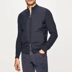 Hackett London Navy Hybrid Front Zip Jumper