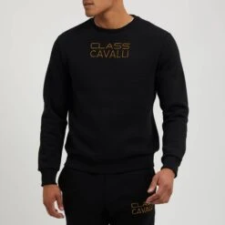 Cavalli Class Black Printed Logo Cotton Sweatshirt