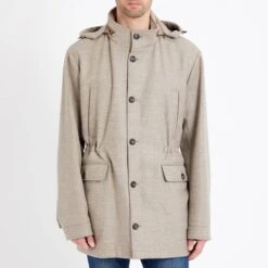 Hackett London Beige Hooded Wool Coat