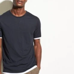 Vince Navy Double Layer Cotton T-Shirt