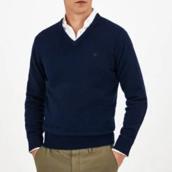 Hackett London Navy V-Neck Lambswool Jumper