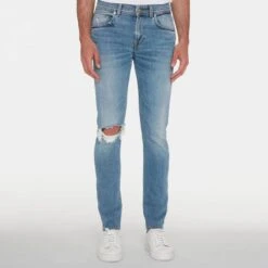 7 For All Mankind Pale Blue Slimmy Distressed Stretch Jeans