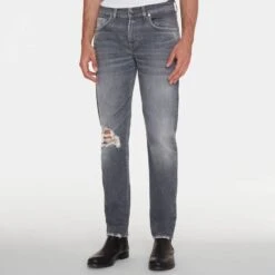 7 For All Mankind Washed Black Slimmy Distressed Tapered Stretch Jeans