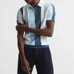 Reiss Blue Striped Cotton Blend Zip Polo Shirt