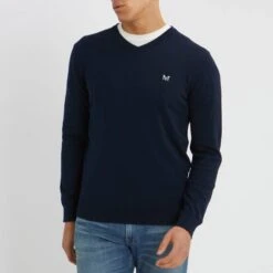 Navy Cotton V-Neck Jumper