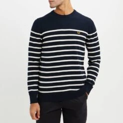 Navy/White Striped Cotton Crew Neck Jumper