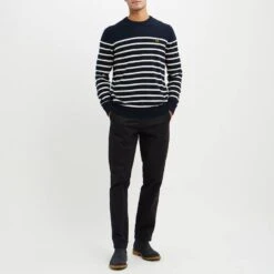 Navy/White Striped Cotton Crew Neck Jumper -Schmuddelwedda 18219099 2