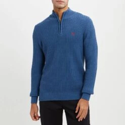 Blue 1/2 Zip Waffle Knit Jumper
