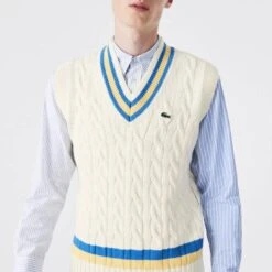 Lacoste Ecru Cable Knit Sweater Vest
