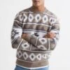 Reiss Beige Peak Pattern Wool Blend Jumper