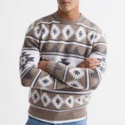 Reiss Beige Peak Pattern Wool Blend Jumper