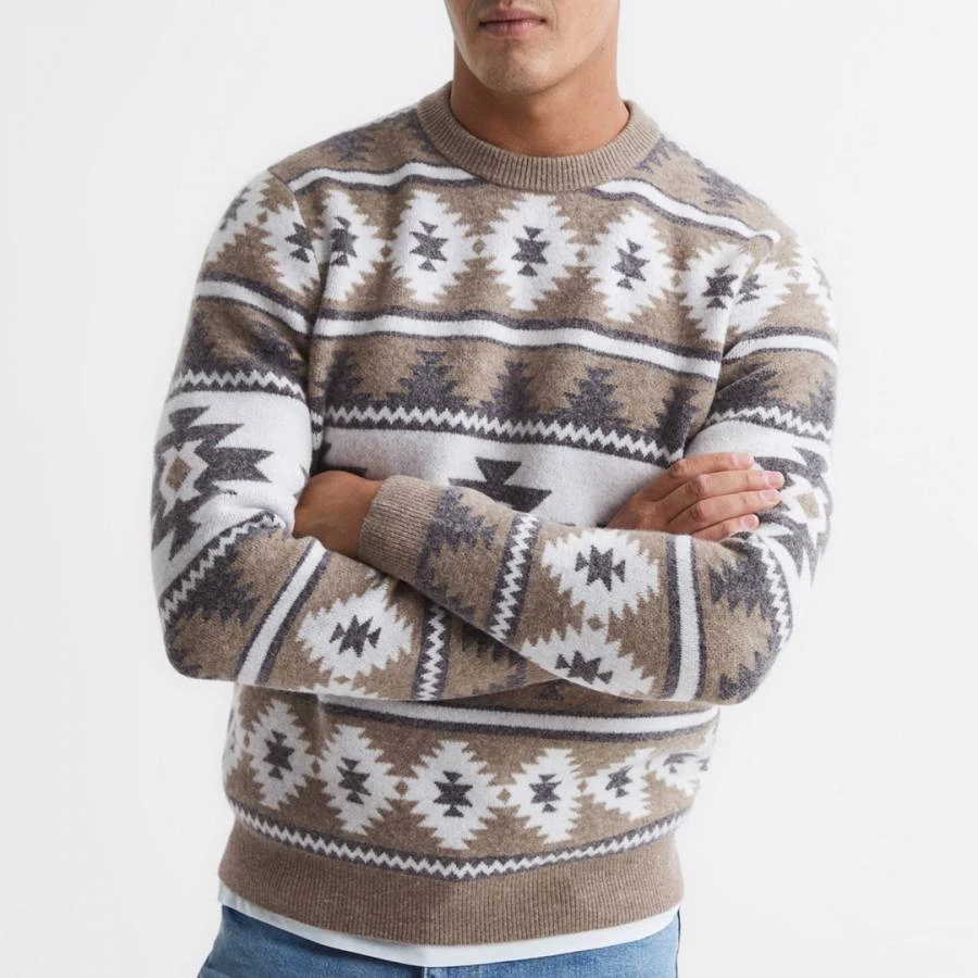 Reiss Beige Peak Pattern Wool Blend Jumper 1 Reiss Beige Peak Pattern Wool Blend Jumper
