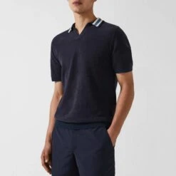 Reiss Navy Mallo Open Neck Cotton Blend Polo Shirt