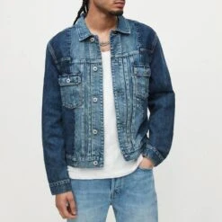 AllSaints Blue Tain Patchwork Denim Jacket
