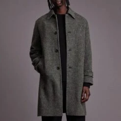 AllSaints Charcoal Dahl Houndstooth Wool Blend Coat