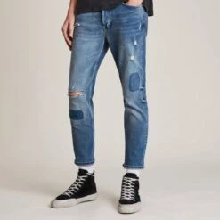 AllSaints Indigo Dean Patched Distressed Stretch Jeans
