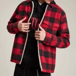AllSaints Red Claypool Check Cotton Jacket