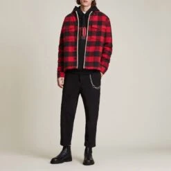 AllSaints Red Claypool Check Cotton Jacket -Schmuddelwedda 18332013 3