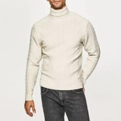 Hackett London Ecru Cashmere Blend Roll Neck Jumper