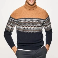 Hackett London Camel Fairisle Pattern Wool Roll Neck Jumper