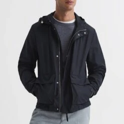 Reiss Navy Pierlo Hooded Technical Jacket