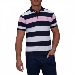 Navy Striped Cotton Polo Shirt