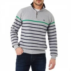Grey Striped Cotton Half Zip Sweatshirt